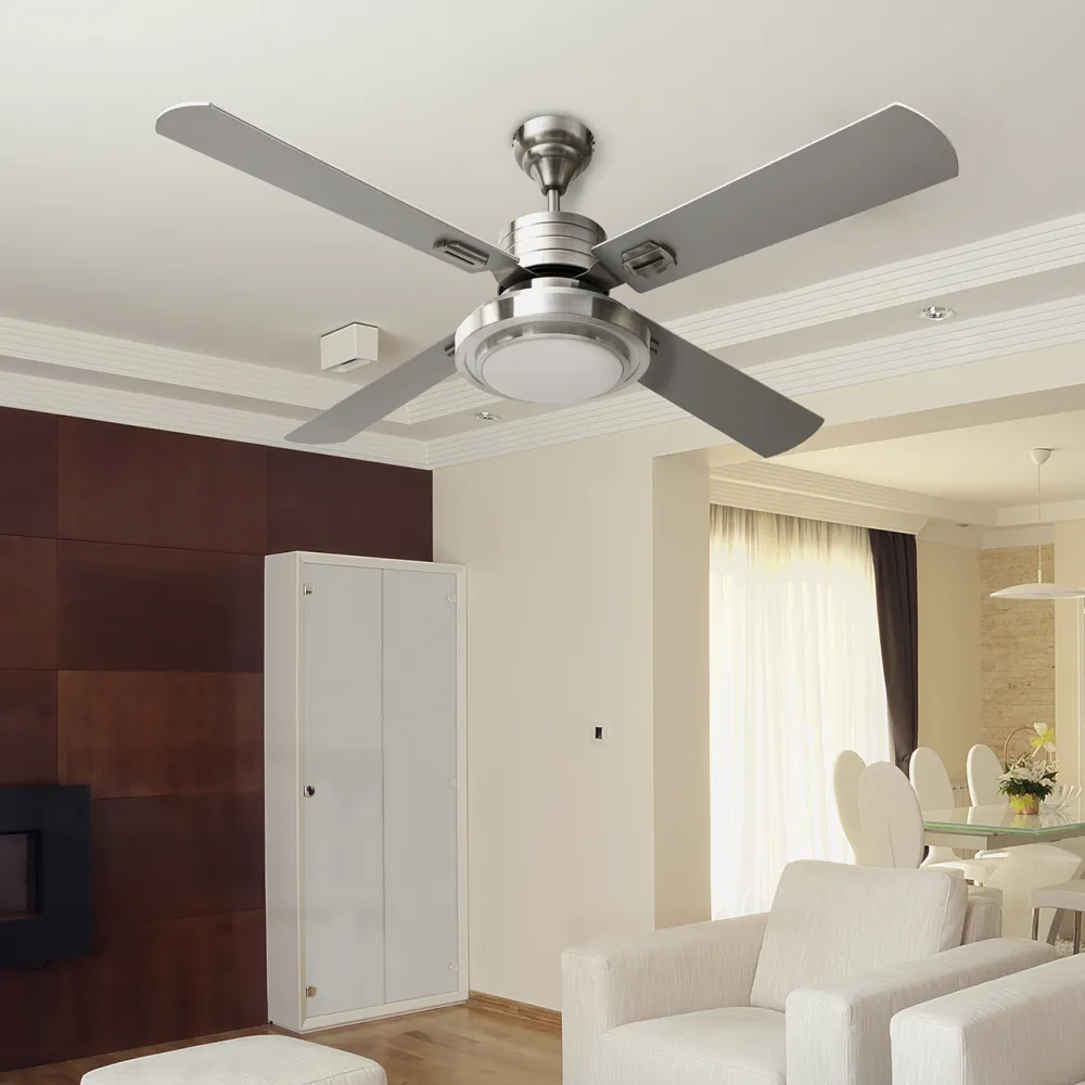 Ventilador Troya 20w 1800 Lumen 4 Aspas Control Remoto 44x132 D. 4000k Niquel