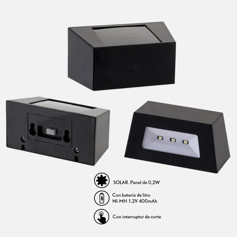 Aplique Solar Quartino Negro 0,21w 6000k 5,1x10,2x5,8 Cm 5h Aprox. C/bateria  Litio Interrup.corte 5lm IP64