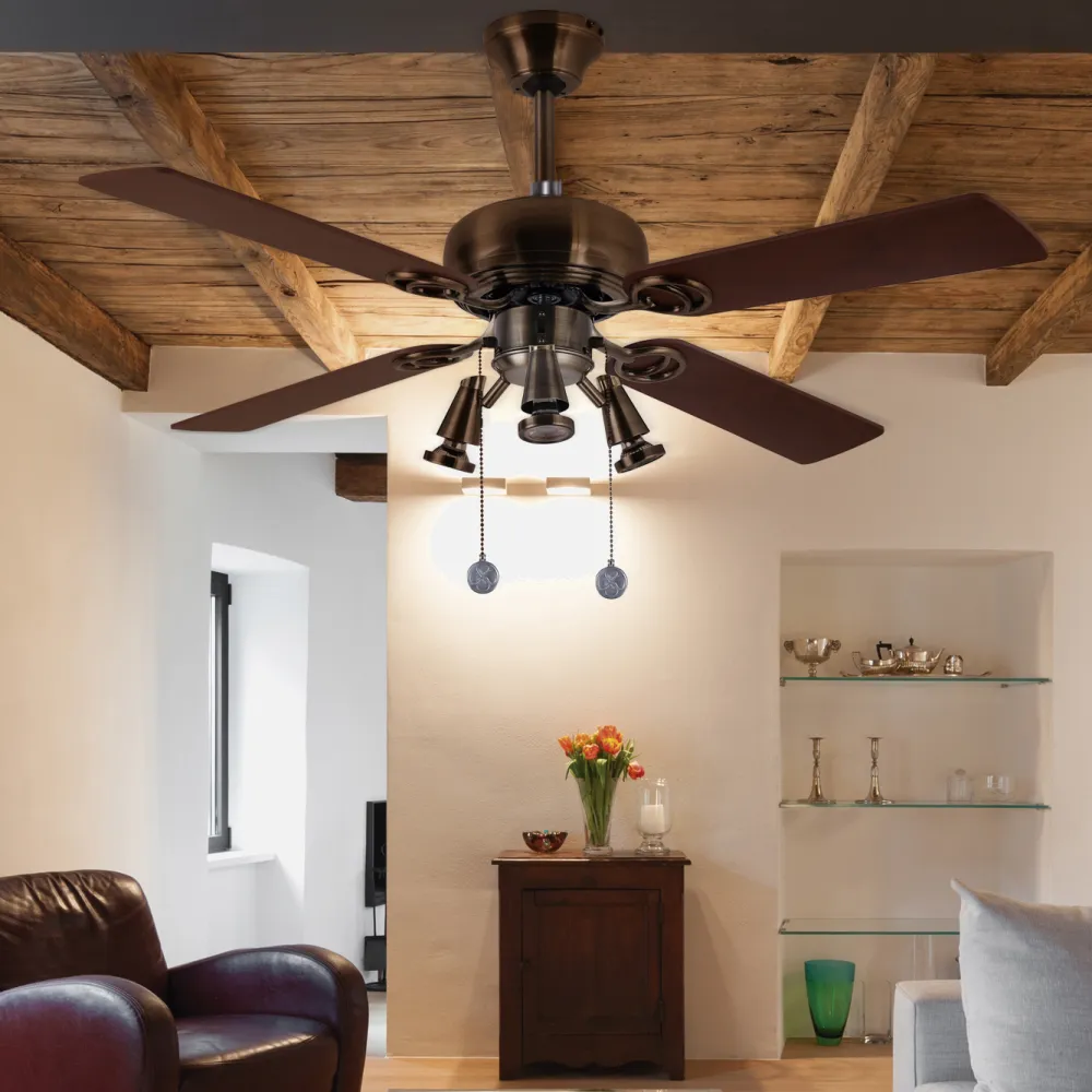 Ventilador Galerna Cuero 3 Focos Gu10 Led 4 Aspas  Nogal/cerezo 107d