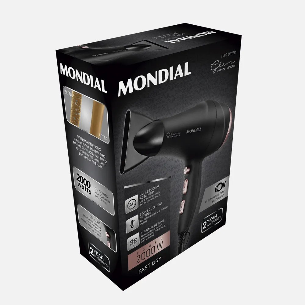 Secador De Pelo 2000w 2 Velocidades/3 Temperatura Negro/Rosa
