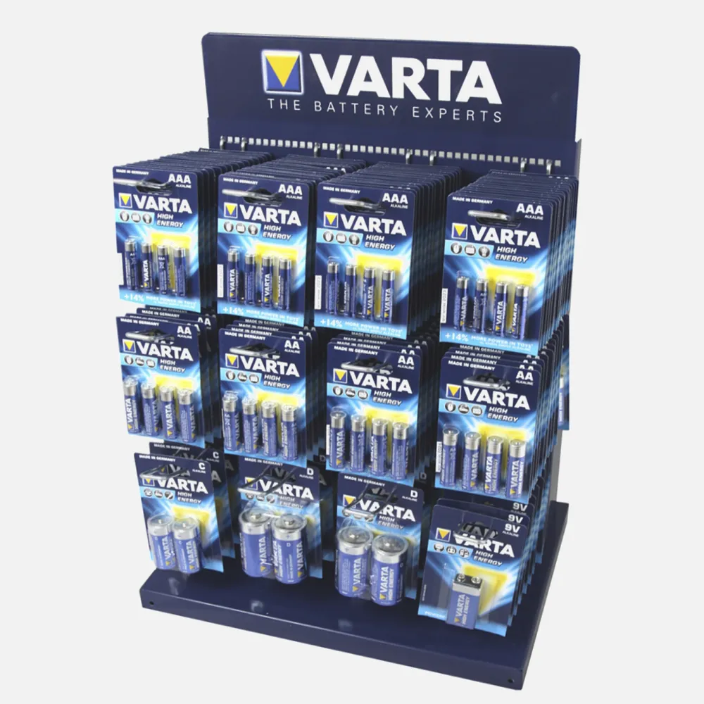 Blisters de pilas y expositor de 12 ganchos varta energy