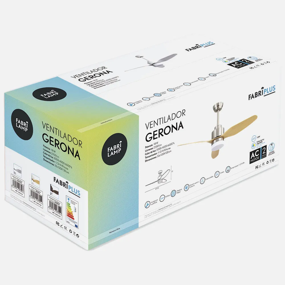 Ventilador 18w Gerona Niquel 3 Aspas Haya  3 Velocid. C/remoto Temporizador 120 D