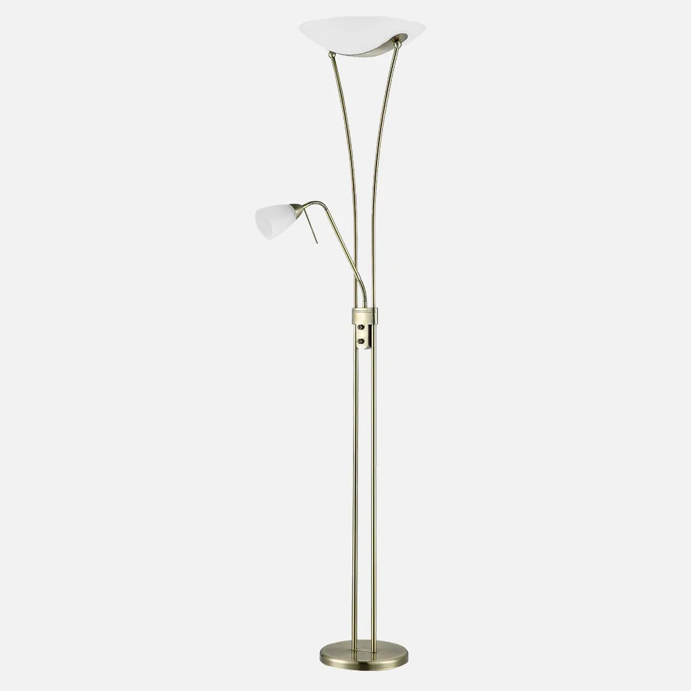 Pie De Salon Lalande 2xe27+1xe14 C/lector Cuero 180x36x36 Cm 