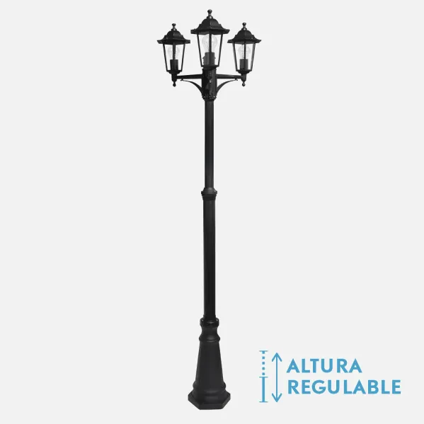 Farola Exterior Aluminio Auriga 3xe27 Negro Ip44 220x62x62 Cm  Regulable En Altura