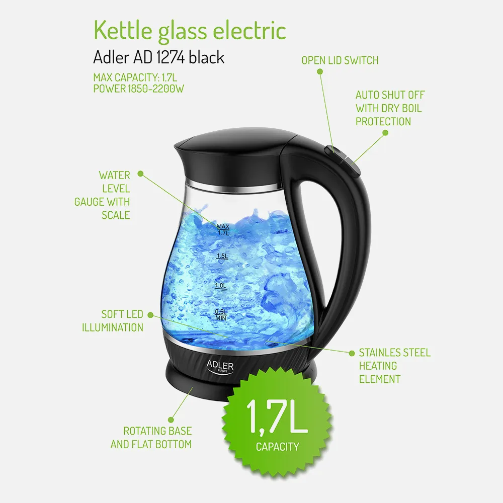Hervidor De Agua Elect.de Vidrio Jarra Negro 1,7l  2200w.apagado Automatico.