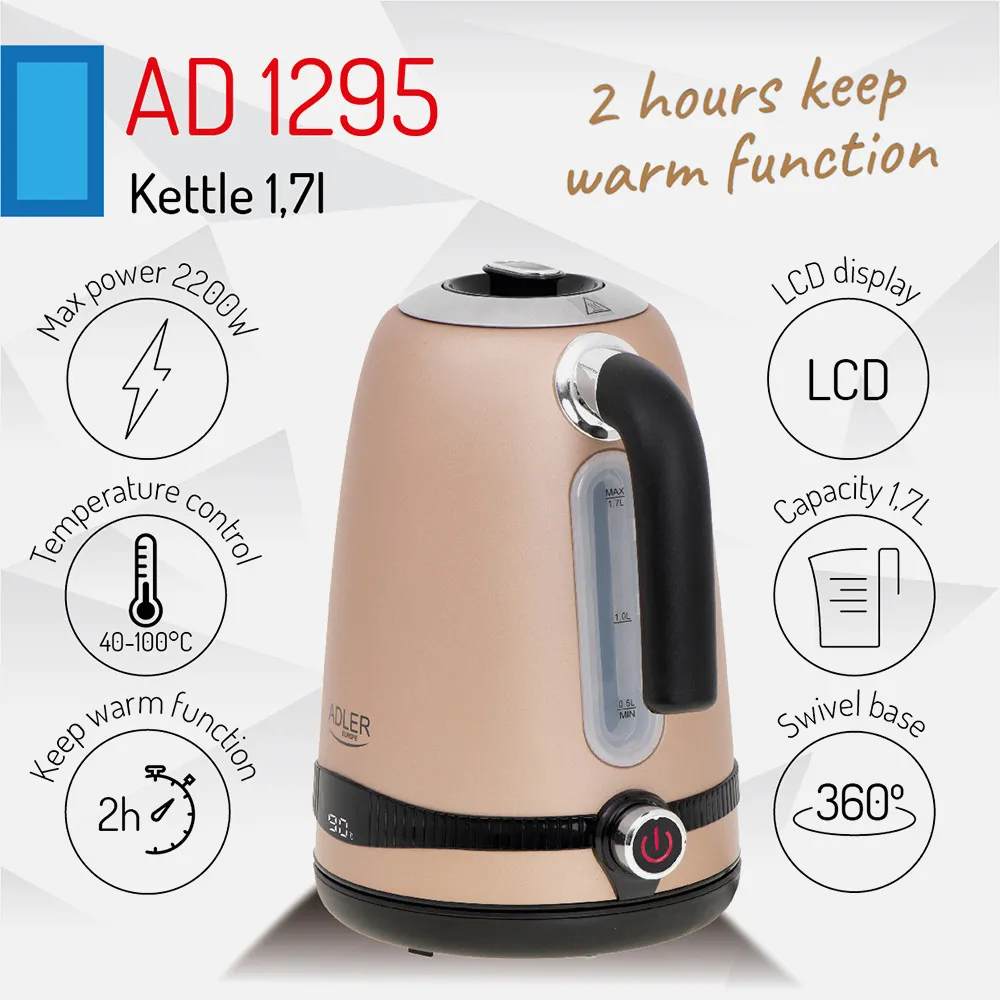 Hervidor De Agua Elect. Acero Inox. 1.7l 2200w Pantalla Lcd Mantenimiento Temperatura