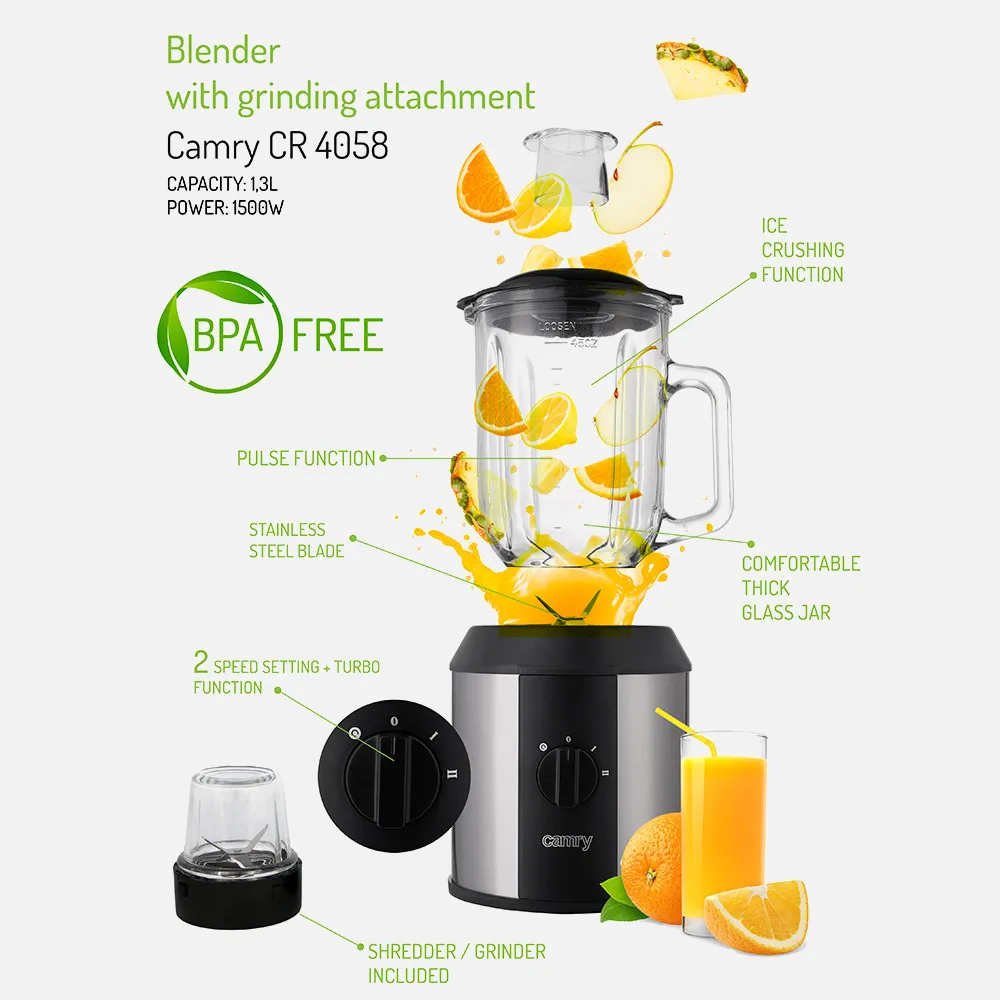 Batidora 1500w 2 Juegos Cuchillas Acero Inox. 1.5l Tritura Hielo 2 Veloc. 20000rpm