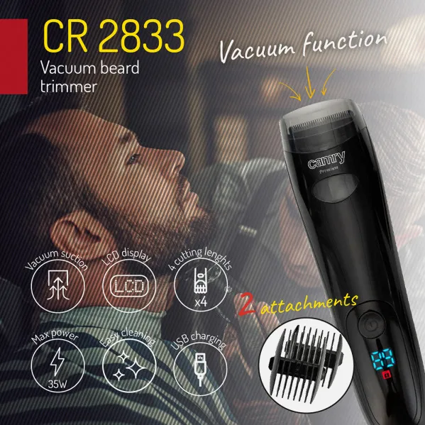 Cordless Beard Trimmer USB Charging LCD Screen 60min Use Time Suction 2 Accessories