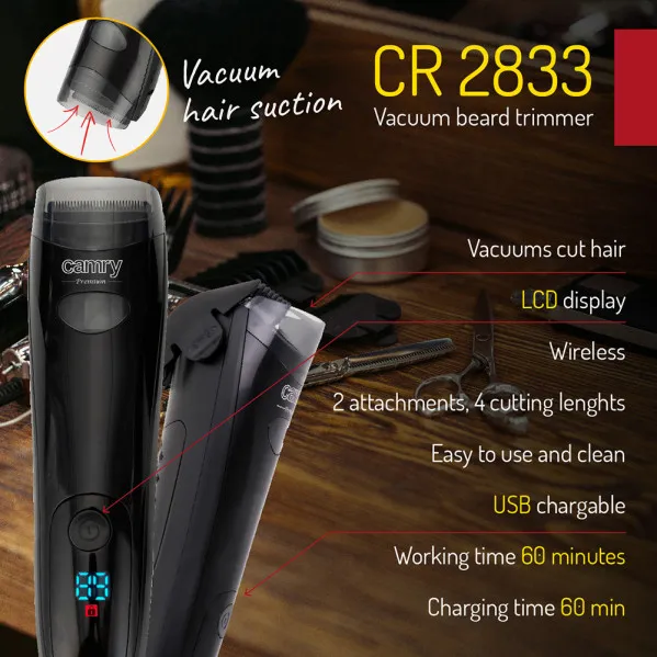 Cordless Beard Trimmer USB Charging LCD Screen 60min Use Time Suction 2 Accessories