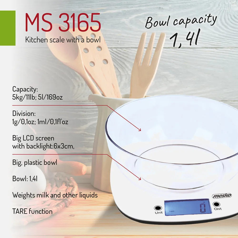 Bascula Cocina Lcd Con Luz Cuenco 1.4l Carga 5kg Apagado Man. Y Autom. Indicador Bateria