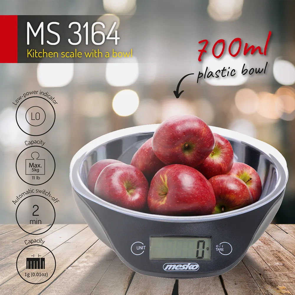 Bascula Cocina Pantalla Lcd Cuenco 700ml Carga 5kg Apagado Man. Y Autom. Precis. 1g Negro