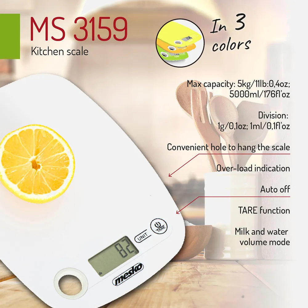 Bascula Cocina Lcd Sin Cuenco Cap.max. 5g Naranja Apagado Automatico Orificio Para Colgar