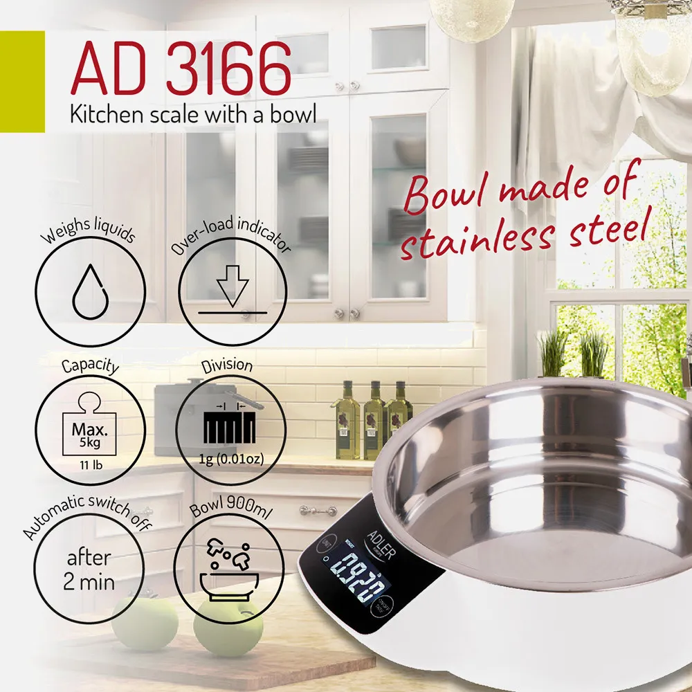 Bascula Cocina Lcd Cuenco Acero 900ml Cap.max. 5kg Apagado Autom. Volumen Agua Y Leche