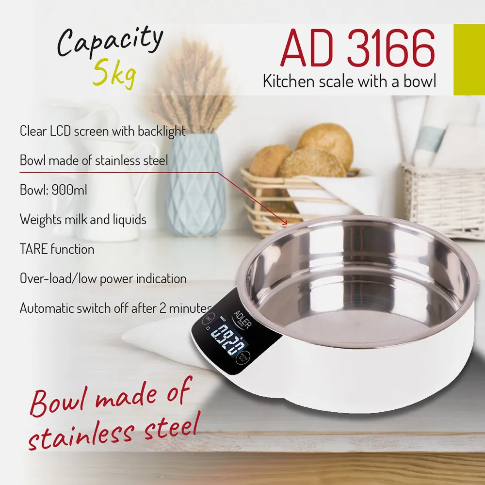 Bascula Cocina Lcd Cuenco Acero 900ml Cap.max. 5kg Apagado Autom. Volumen Agua Y Leche