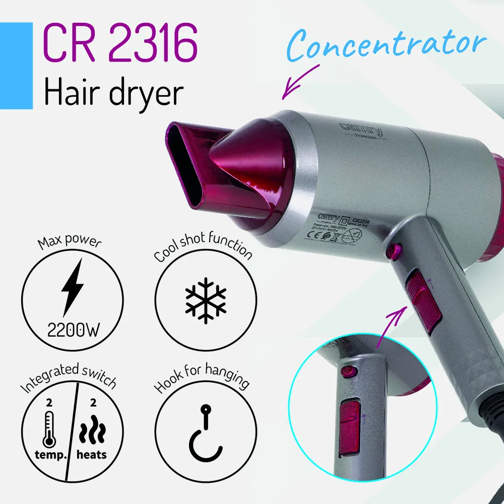 Secador 2200w 2 Niv. Fuerza/temperatura Aire Frio Concentrador Aire Asa Colgante Moderno