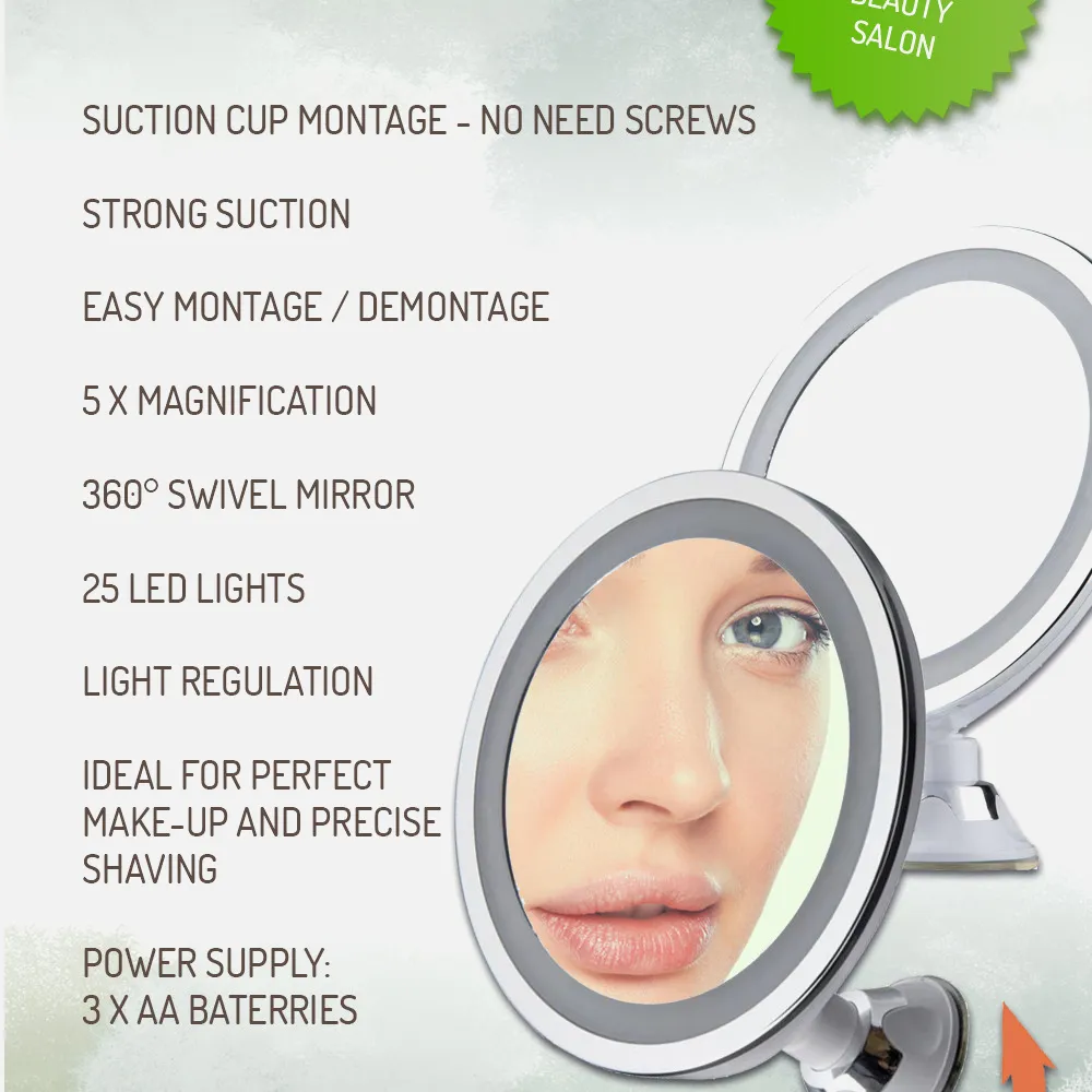 Espejo De Baño 24 Leds Diam.20cm Giro 360º Ventosa Aumento 5x Ajuste Luz Impermeable Ipx4