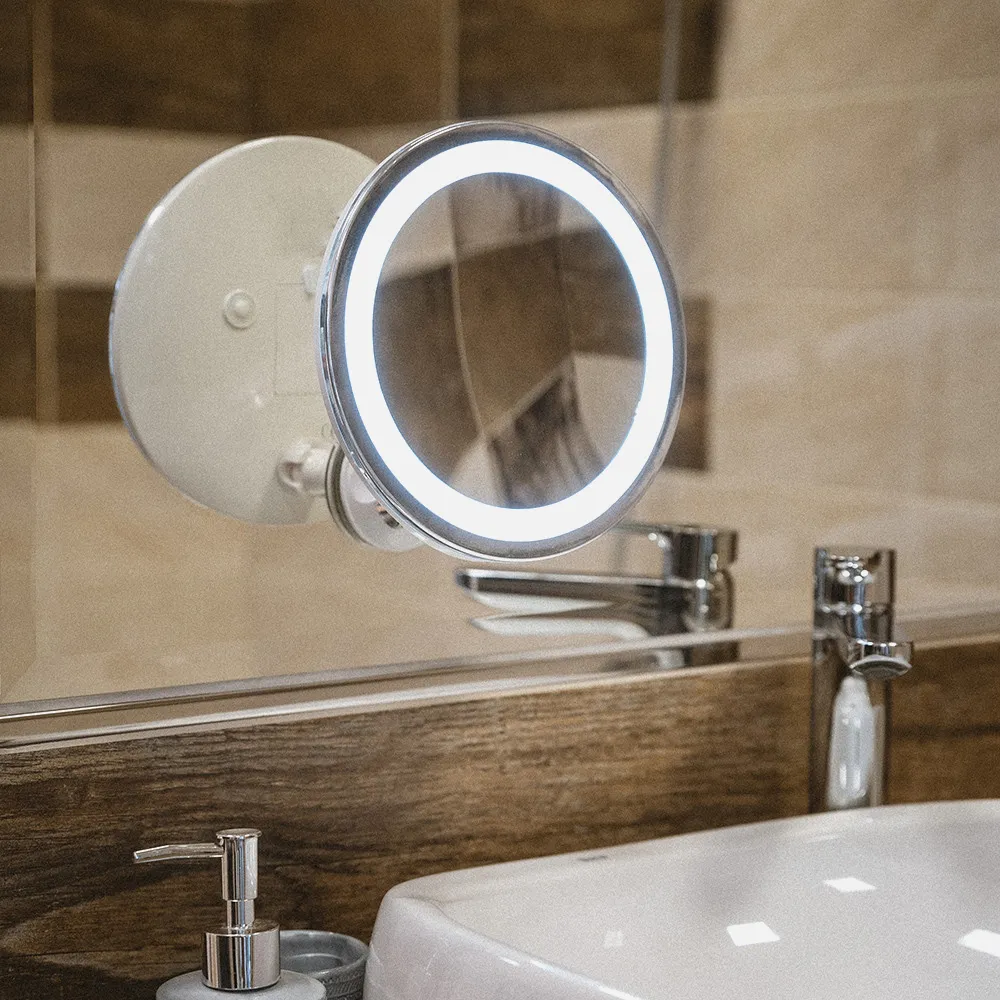 Espejo De Baño 24 Leds Diam.20cm Giro 360º Ventosa Aumento 5x Ajuste Luz Impermeable Ipx4