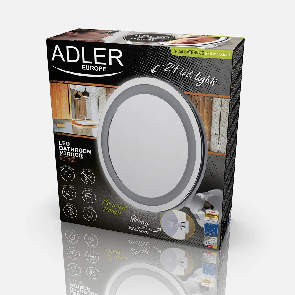 Espejo De Baño 24 Leds Diam.20cm Giro 360º Ventosa Aumento 5x Ajuste Luz Impermeable Ipx4