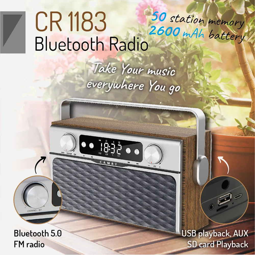 Radio Fm Bluetooh 5.0 Usb Y Tarjeta Sd 16w Aux 50 Memorias Bateria 2600mah 2 Altavoces