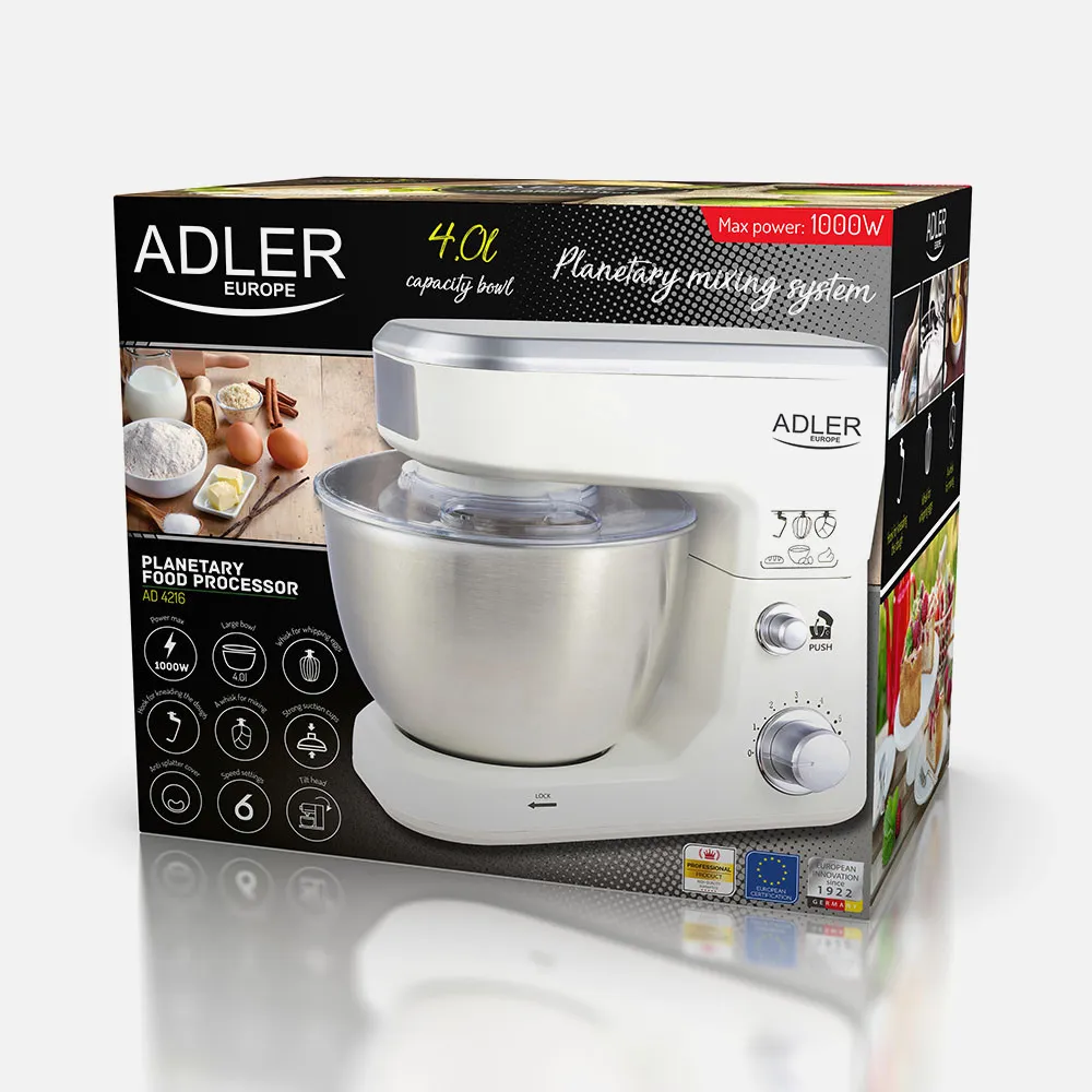 Robot Cocina 1000w 6 Veloc. Inclinable Cuenco 4l Antisalpicadura.3 Agitadores.