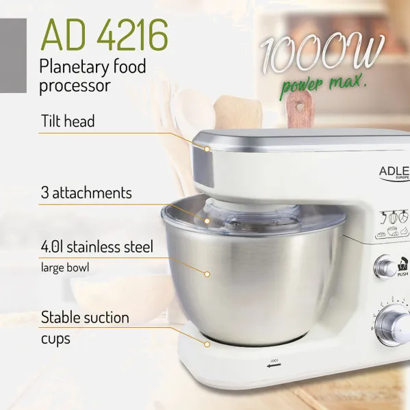 Robot Cocina 1000w 6 Veloc. Inclinable Cuenco 4l Antisalpicadura.3 Agitadores.