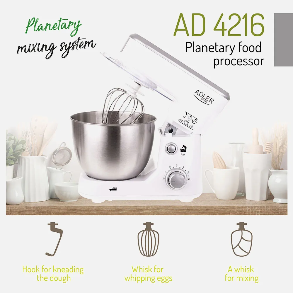 Robot Cocina 1000w 6 Veloc. Inclinable Cuenco 4l Antisalpicadura.3 Agitadores.