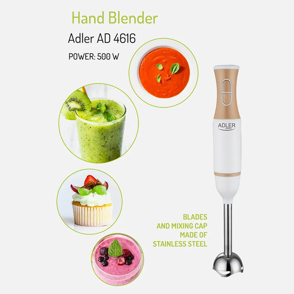 Batidora Mano 500w Cuchillas Acero Inox. 2 Veloc. Punta De Acero Inox. Silencioso