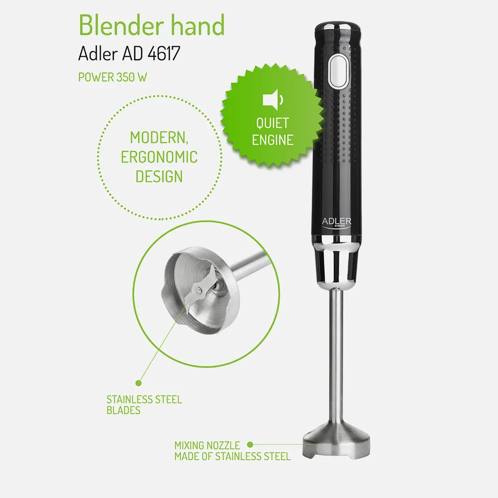 Batidora Mano 3500w Cuchillas Acero Inox. 1 Veloc. Negra Punta De Acero Inox. Motor Silenc