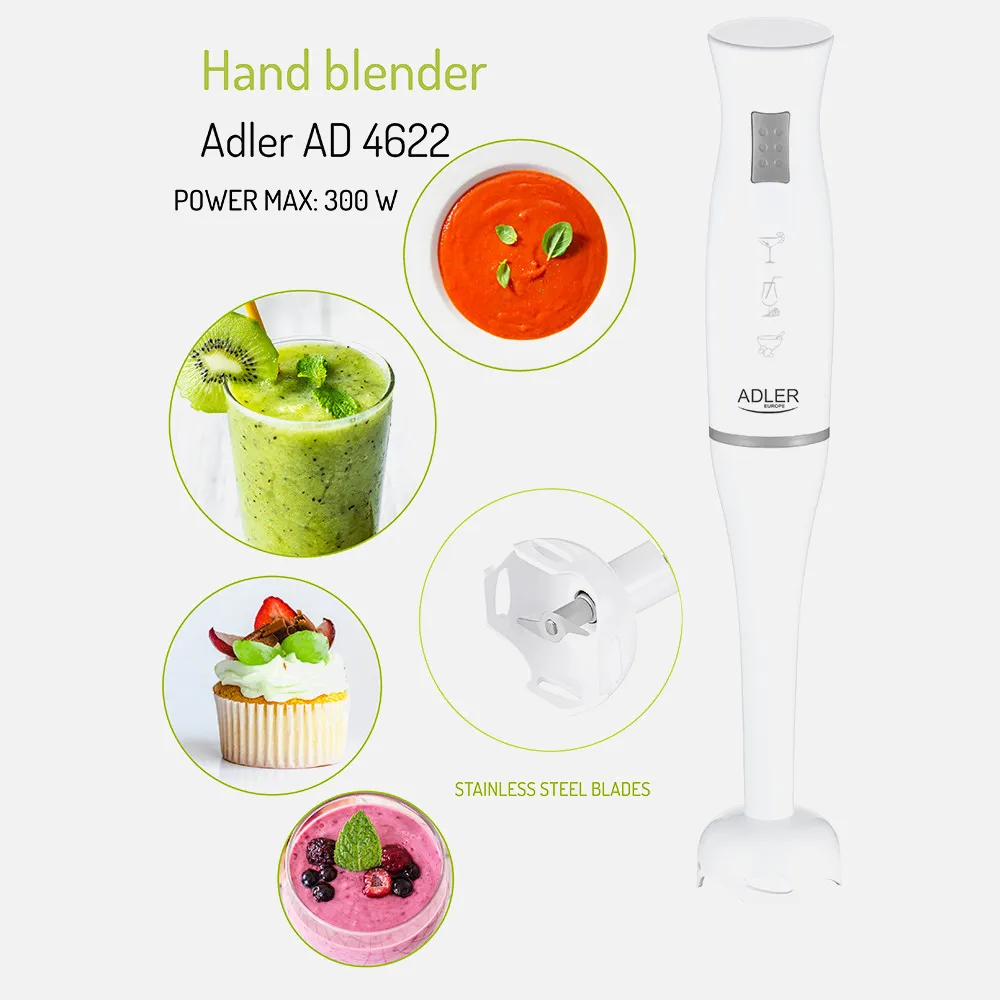 Batidora Mano 300w Cuchillas Acero Inox. Cable 1m Tapa Removible 1 Veloc. Facil Limpieza