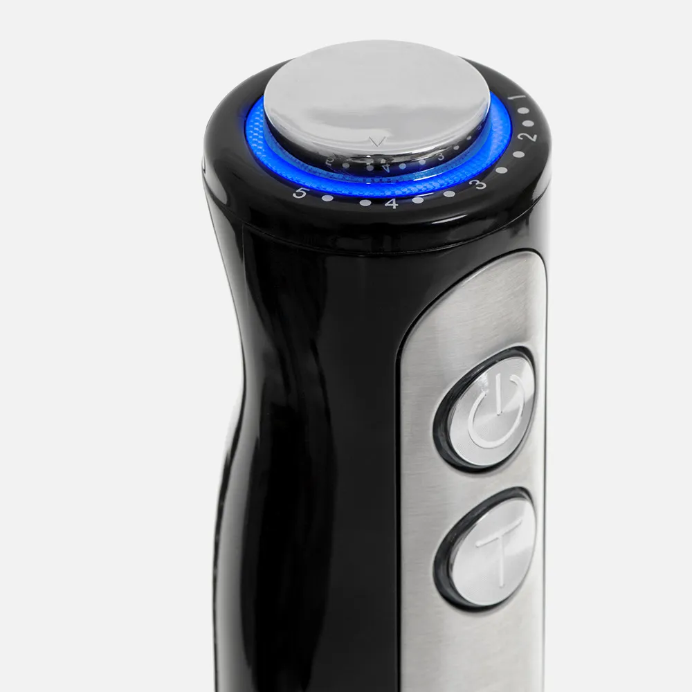 Batidora Mano 1500w Acero Inox. Negra 5veloc.turbo Luz De Velocidad Cuchillas Acero Inox.