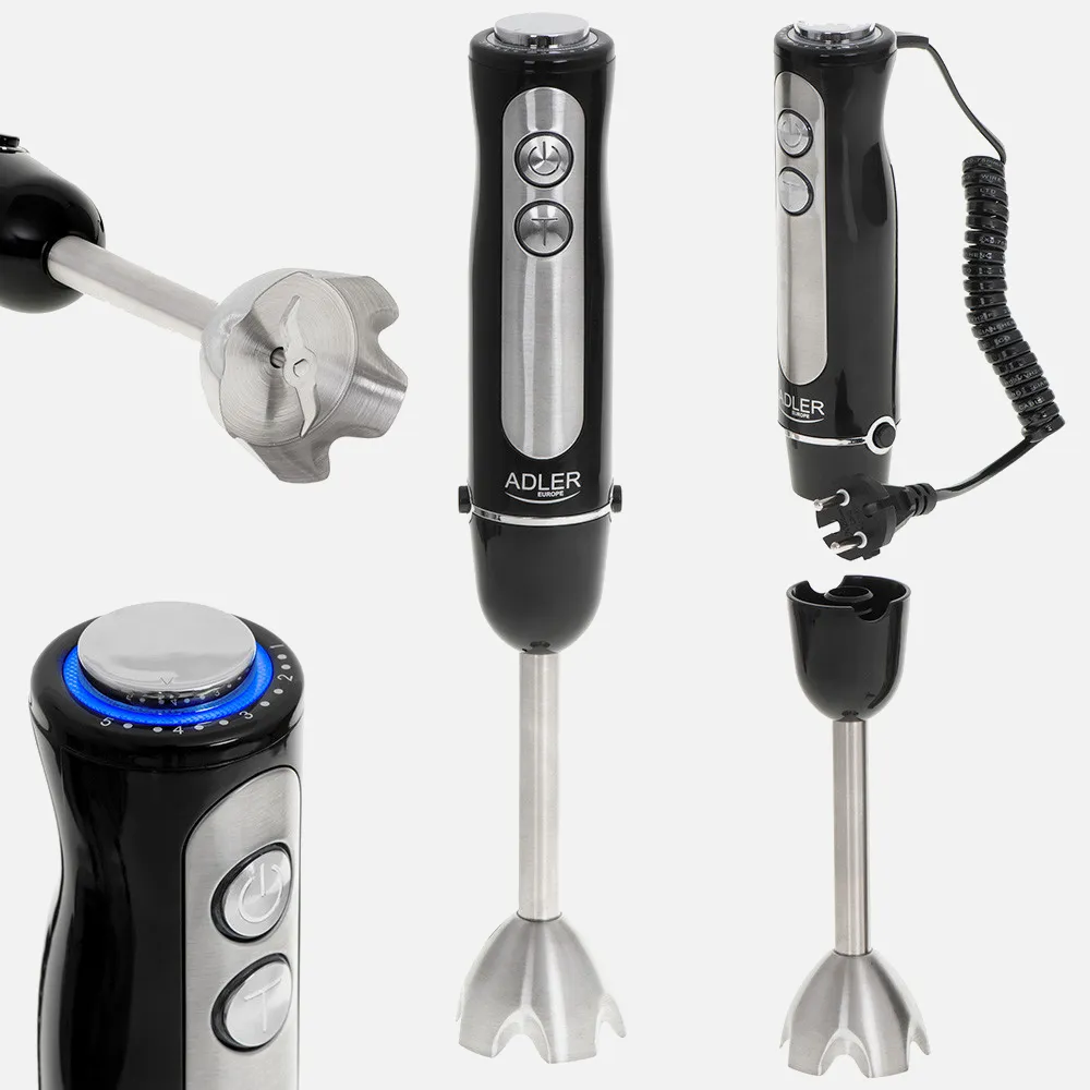 Batidora Mano 1500w Acero Inox. Negra 5veloc.turbo Luz De Velocidad Cuchillas Acero Inox.