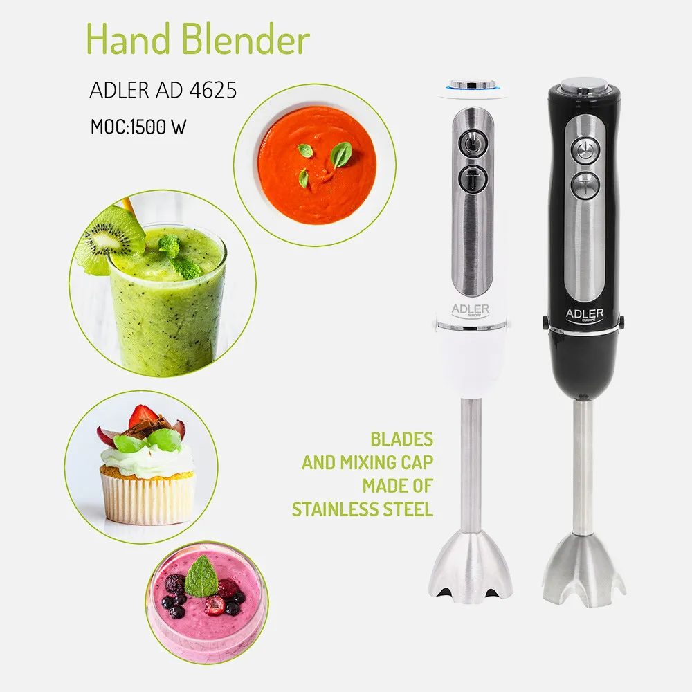 Batidora Mano 1500w Acero Inox. Negra 5veloc.turbo Luz De Velocidad Cuchillas Acero Inox.
