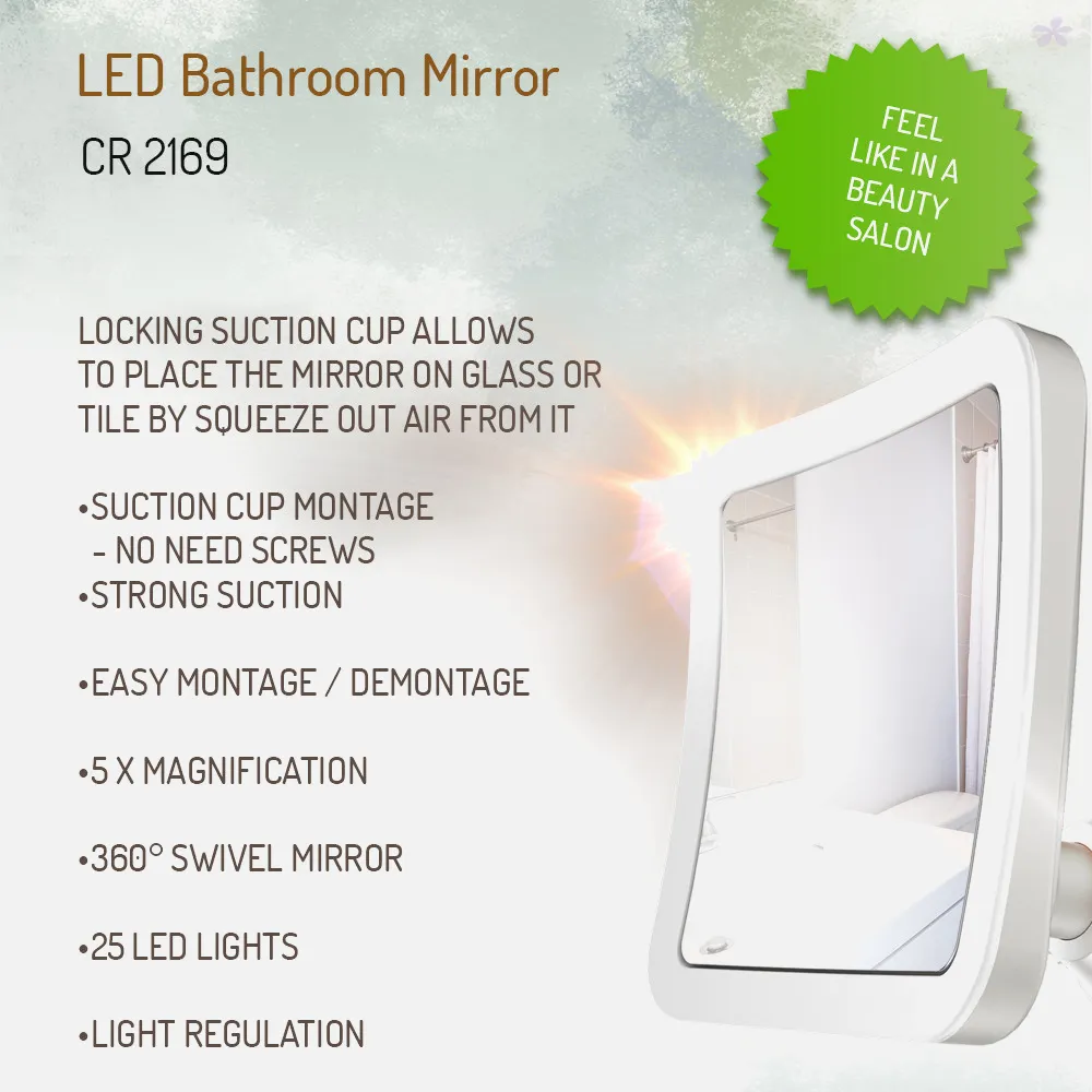 Espejo De Baño 25 Leds 16'30cmx16'30cm 3 Pilas Aa Aumento 5x Ajuste Luz Ventosa Giro 360º