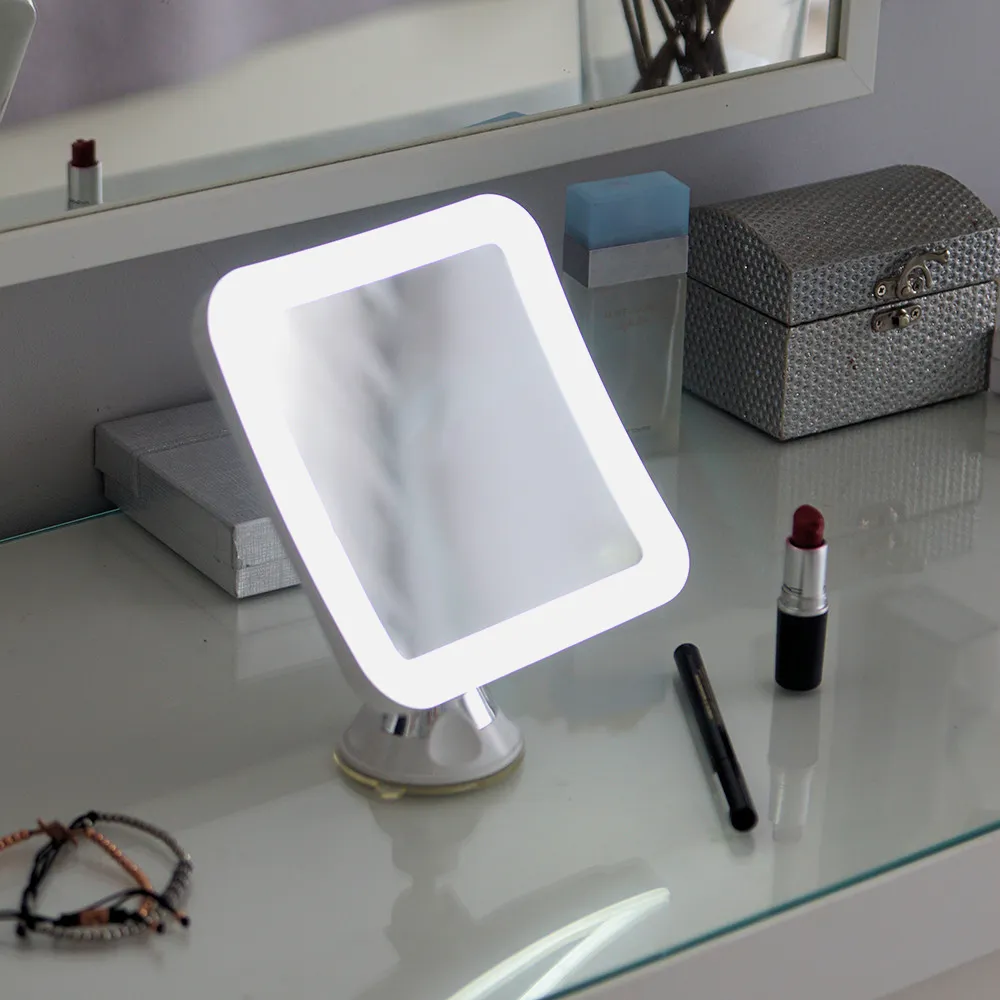 Espejo De Baño 25 Leds 16'30cmx16'30cm 3 Pilas Aa Aumento 5x Ajuste Luz Ventosa Giro 360º