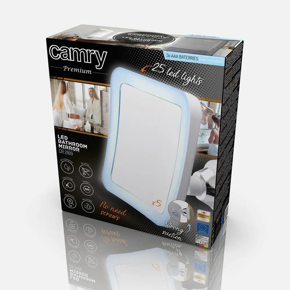 Espejo De Baño 25 Leds 16'30cmx16'30cm 3 Pilas Aa Aumento 5x Ajuste Luz Ventosa Giro 360º