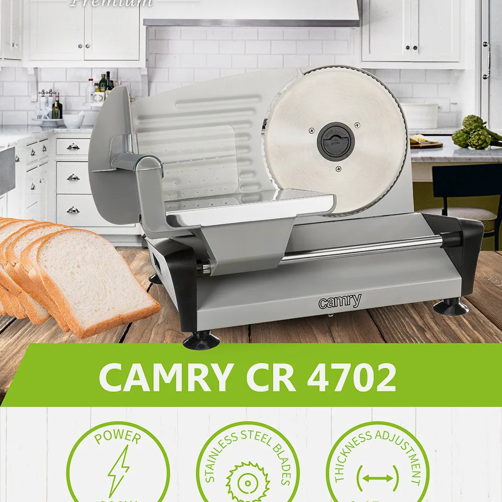 Corta Fiambres 400w Cuchilla Acero Inox. 19cm Ajuste Espesor 0-15mm Con Ventosas