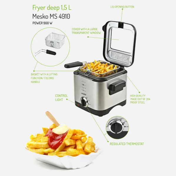 Freidora Acero Inox. 900w 1'5l Tapa Transparente Luz Control Cesta Elevable Asa Plegable