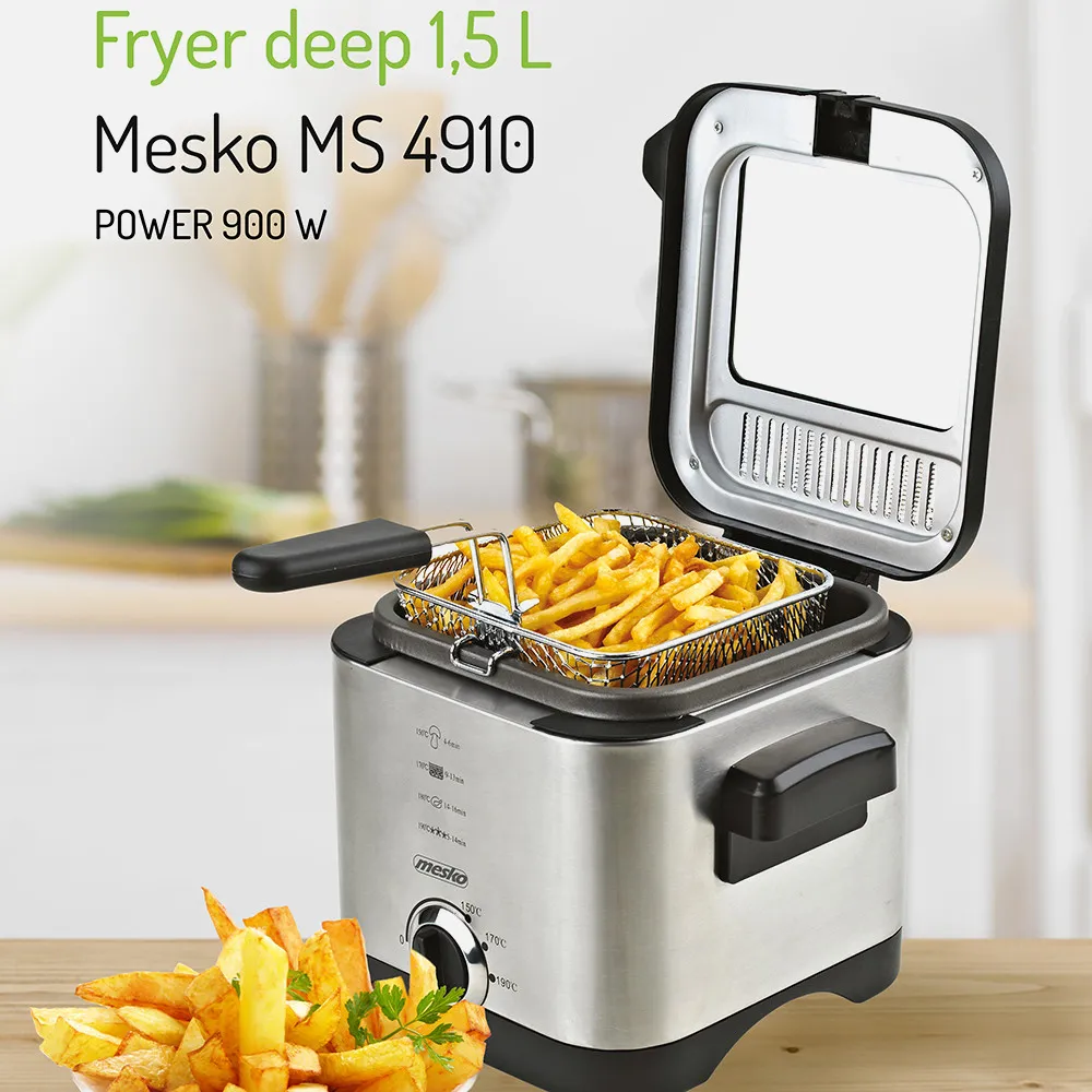 Freidora Acero Inox. 900w 1'5l Tapa Transparente Luz Control Cesta Elevable Asa Plegable