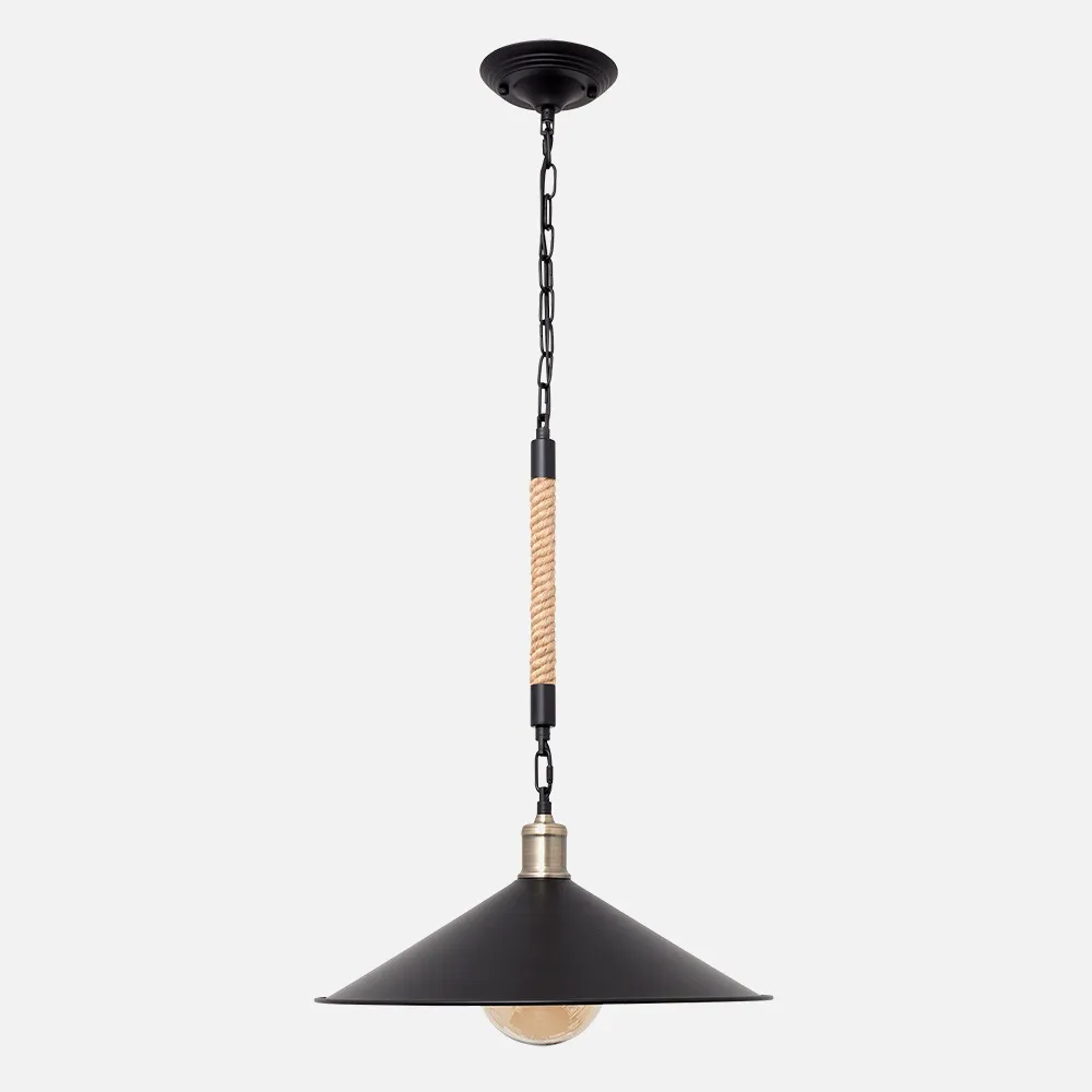 Colgante Gran. Cabo 1xe27 Negro Cuerda De Cañamo  Regx43x43 Cm
