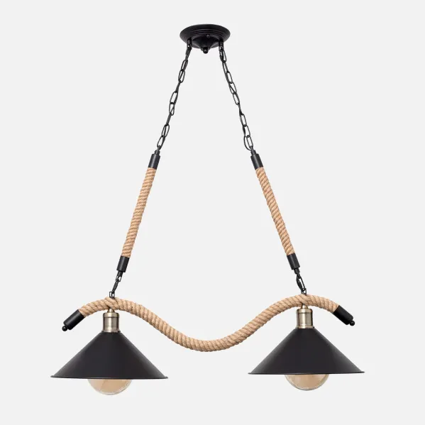 Lampara Cabo 2xe27 Negro Cuerda De Cañamo Regx80x22 Cm