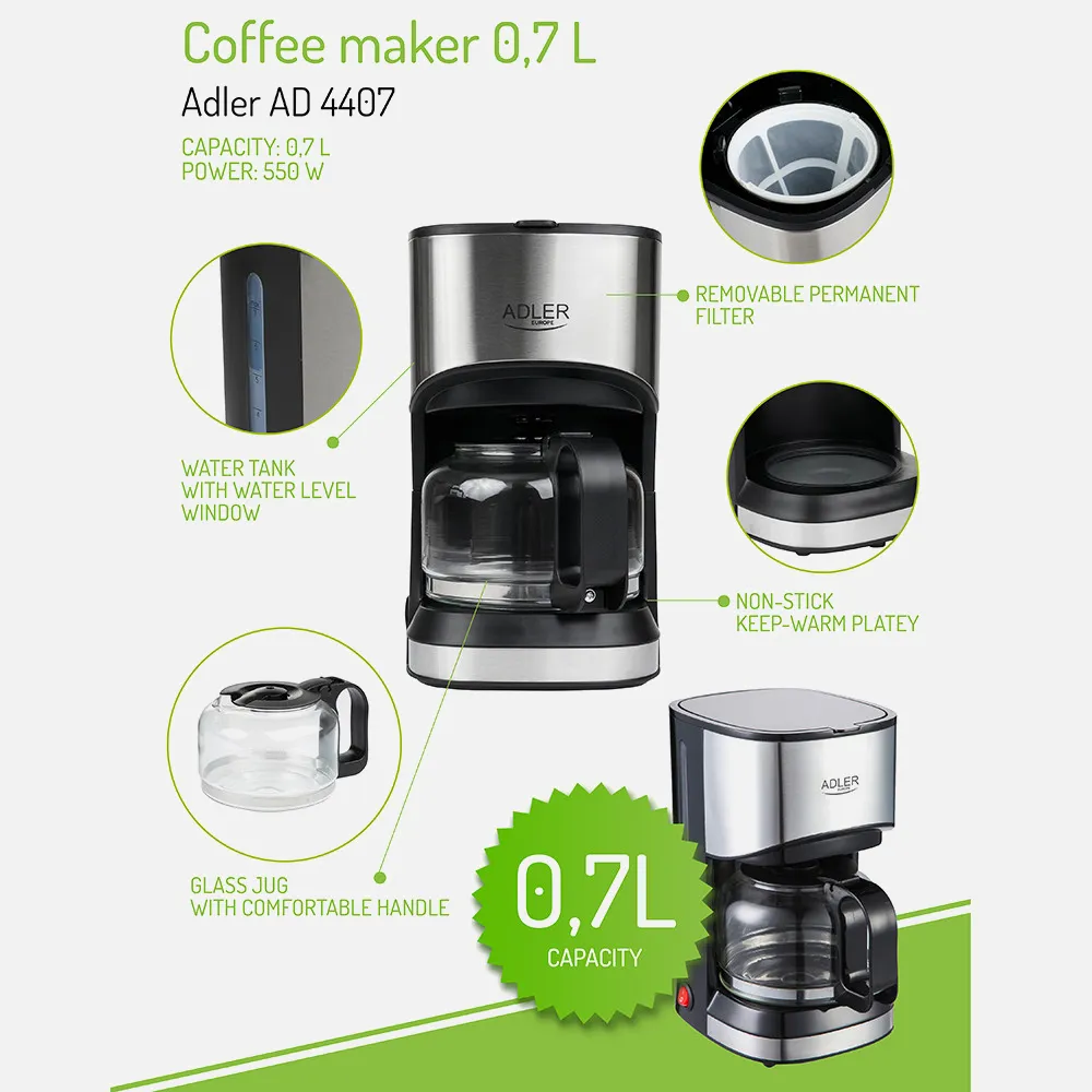 Cafetera De Goteo 550w Jarra 0'7l Filtro Extraible  Valvula Antigoteo Placa Antiadherente