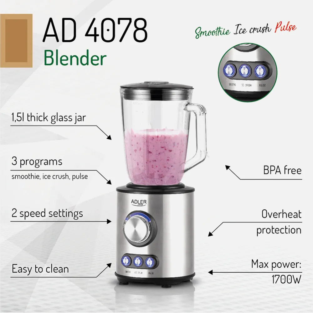Batidora 1700w Cuchilla Ac. Inox. 6 Hojas 2 Vel. 3  Prog. Batido/tritur. Hielo/pulso No Bpa