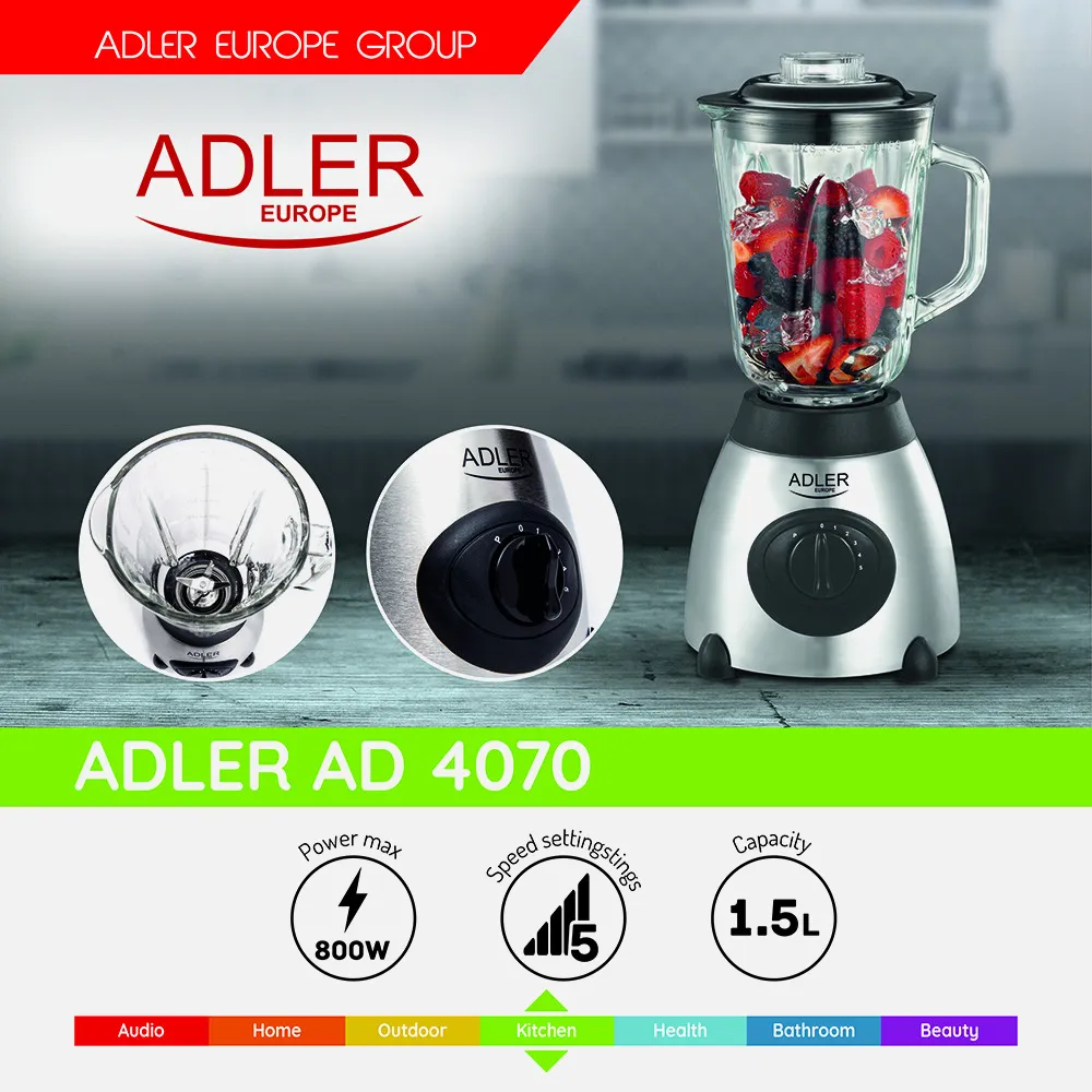 Batidora 800w Hoja Acero Inox. 5 Velocidades  Jarra 1500ml. Funcion Pulso