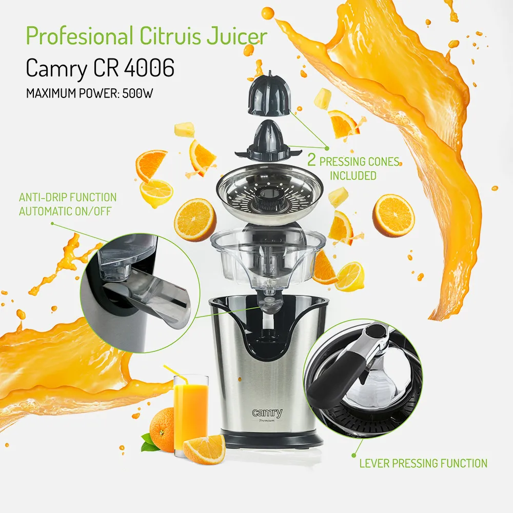 Exprimidor Citricos 500w Acero Palanca 2 Tamaños  Atideslizante Antigoteo SilenciosoExprimidor Citricos