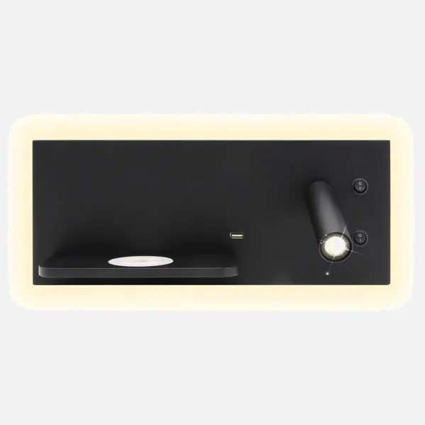 Wall Light 2+8w 4000k Velazquez Right Black Usb+qi  130lm Dual Switch 14x35x14 Cm