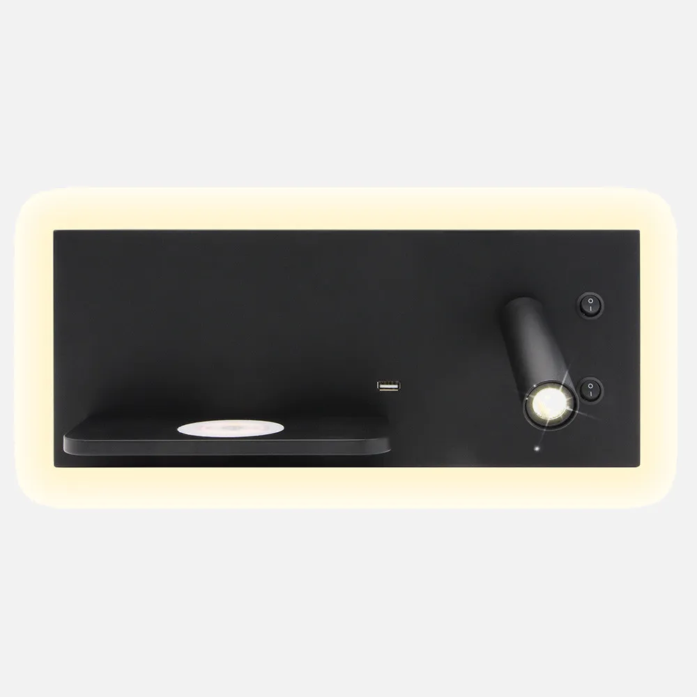 Aplique 2+8w 4000k Velazquez Dcho Negro Usb+qi  130lm Doble Encendido 14x35x14 Cm
