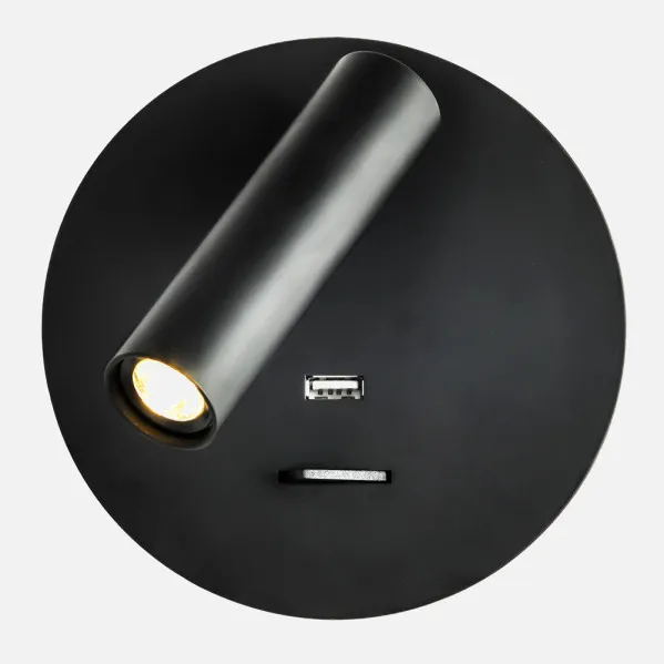 Lâmpada de parede 3w 4000k Giotto Redondo Preto Porto Usb 150lm / Interruptor 14x14x12cm Orientb