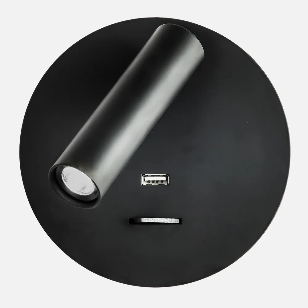 171561R09 - Aplique 3w 4000k Giotto Redondo Negro Puerto Usb  150lm C/interruptor 14x14x12cm Orientb