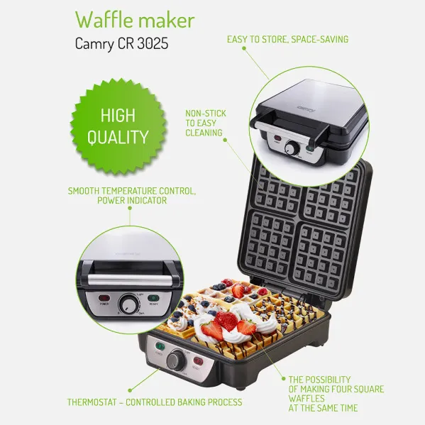 Walfrera 1500w c/thermostat Para 4 Waffles Light On/of Non-stick Fácil Limpeza