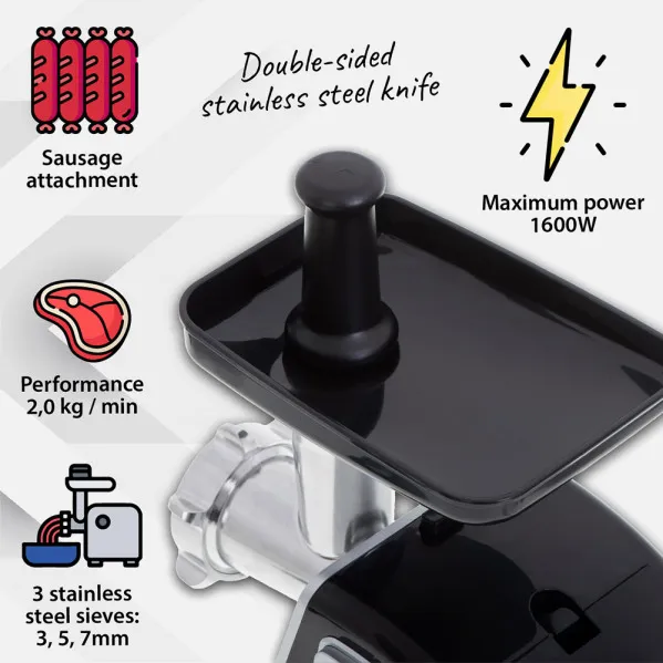 Moedor de carne 1600w 2kg/min 3 lâminas Ac.inoxid 2vel c/acessórios Fácil Desmontagem  Limpeza
